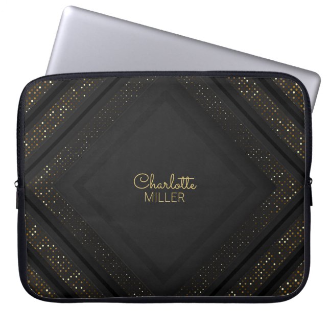 Modern Black-Gold Halftone Pattern and Custom Name Laptop Sleeve (Front)