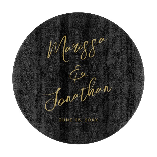 Modern Black Gold Hand Lettered Script Wedding Cutting Board (Front)