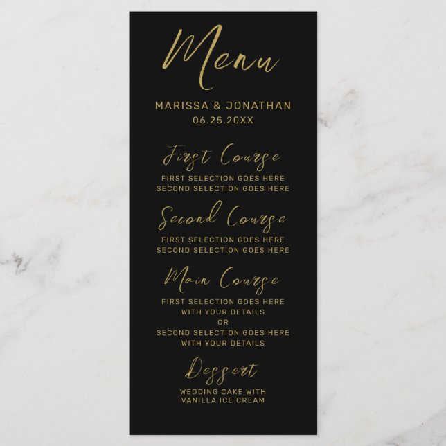 Modern Black Gold Hand Lettered Script Wedding Menu (Front)