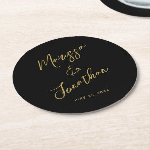 Modern Black Gold Hand Lettered Script Wedding Round Paper Coaster