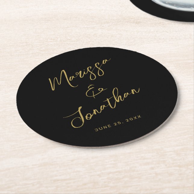 Modern Black Gold Hand Lettered Script Wedding Round Paper Coaster (Angled)
