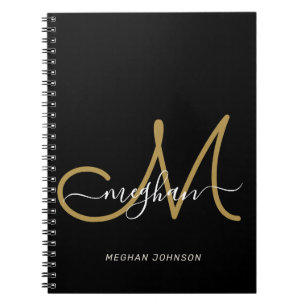 Modern Black Gold Handwritten Script Monogram Notebook