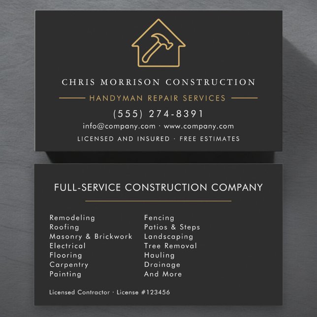 Modern Black Gold Handyman Construction  Business Card (Creator Uploaded)