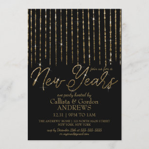 Modern Black Gold Hanging Glitter New Years Eve Invitation