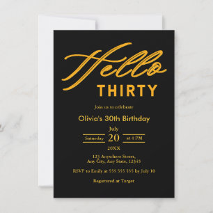 Modern Black & Gold Hello Thirty 30th Birthday Invitation