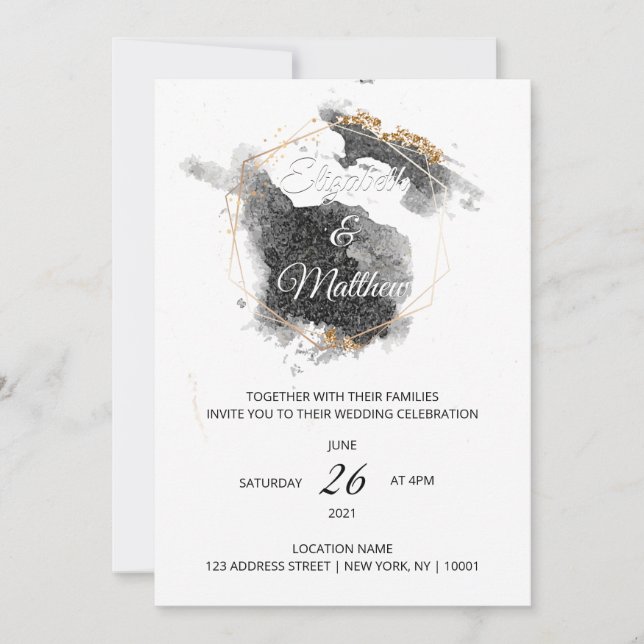 Modern Black & Gold Hexagon Watercolor Wedding Invitation (Front)