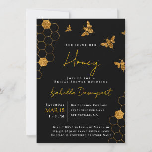 Modern Black Gold Honey Bee Themed Bridal Shower Invitation