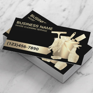 Modern Black Gold House Cleaning Housekeeping Business Card