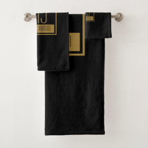 Modern Black & Gold Initial Monogram  Bath Towel Set