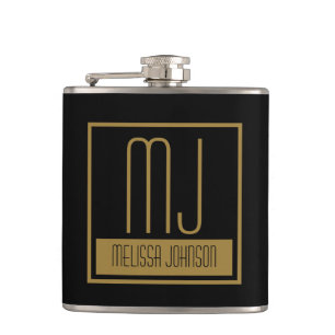 Modern Black & Gold Initial Monogram Hip Flask