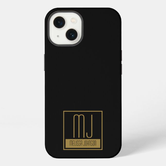 Modern Black & Gold Initial Monogram iPhone Case (Back)