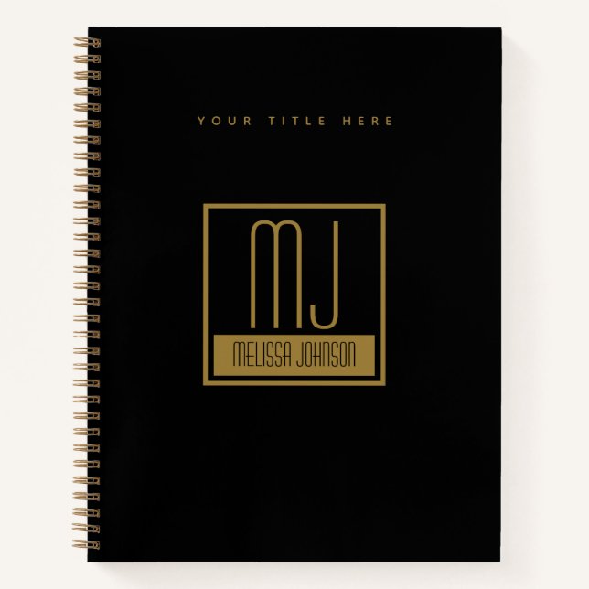 Modern Black & Gold Initial Monogram  Notebook (Front)