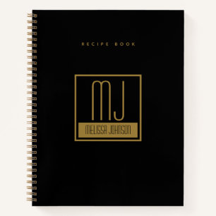 Modern Black Gold Initial Monogram Recipe Cookbook Notebook