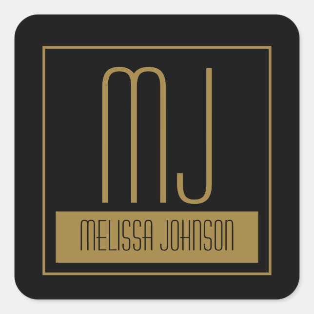 Modern Black & Gold Initial Monogram Square Sticker (Front)