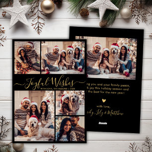 Modern Black Gold Joyful Wishes Script 5 Photo Holiday Card