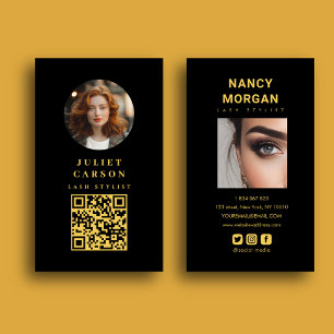 Modern Black Gold Lash Stylist QR Code Photo Business Card