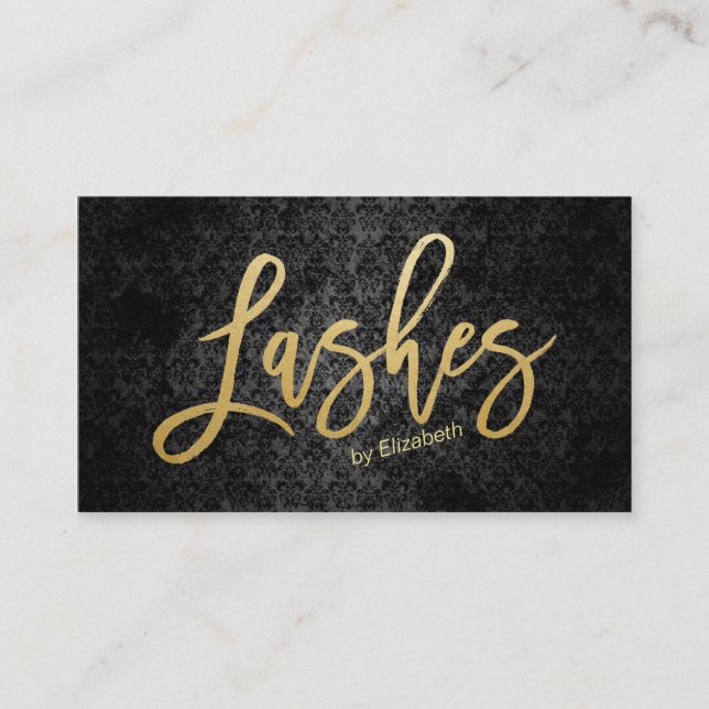 Modern Black Gold Lashes Script Text Black Damask Business Card (Front)