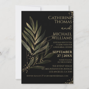 Modern Black Gold Leaf Wedding Rehearsal Dinner Invitation