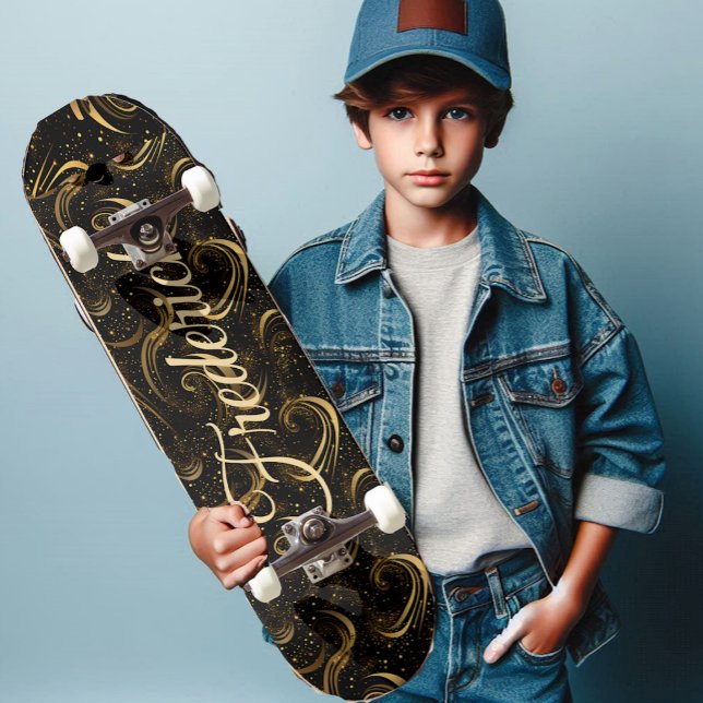 Modern Black Gold Leafy Swirls Decorative Art Name Skateboard (Modern Black Gold Leafy Swirls Decorative Art Name Skateboard)