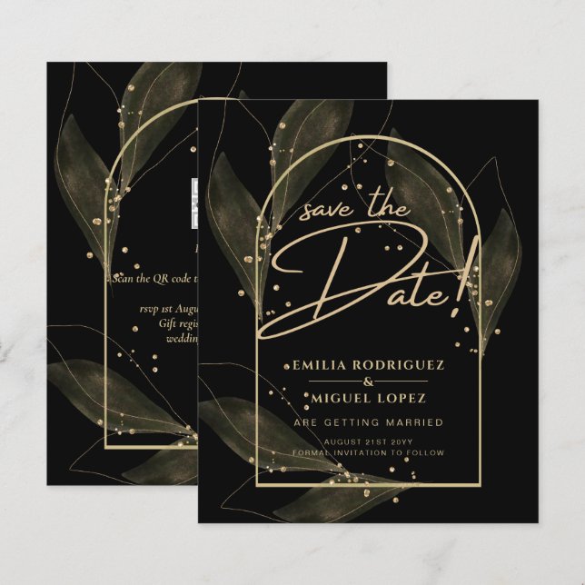 Modern Black Gold Leaves Wedding Save The Date  (Front/Back)