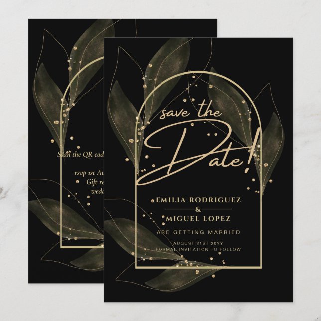 Modern Black Gold Leaves Wedding Save The Date  Invitation (Front/Back)