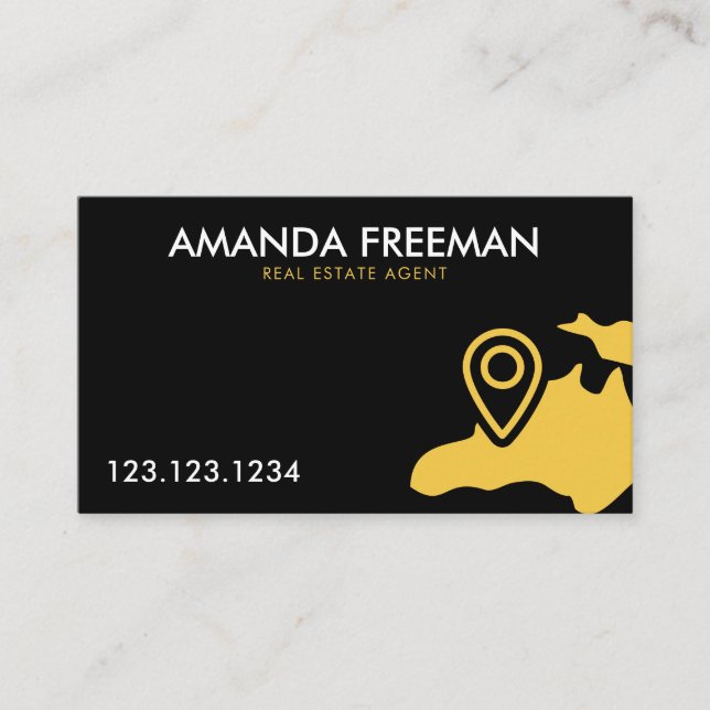 Modern Black & Gold Map Real Estate Agent Business Card (Front)