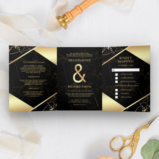 Modern Black Gold Marble Ampersand Wedding Tri-Fold Invitation (Creator Uploaded)