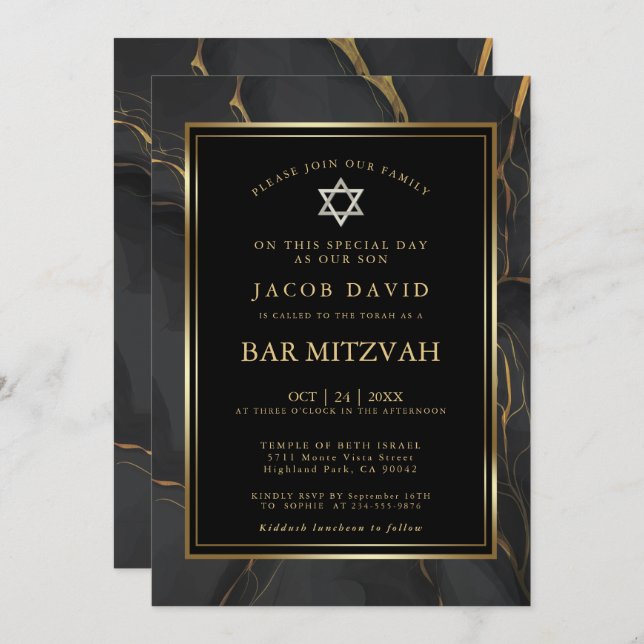 Modern Black Gold Marble Bar Mitzvah Invitation (Front/Back)