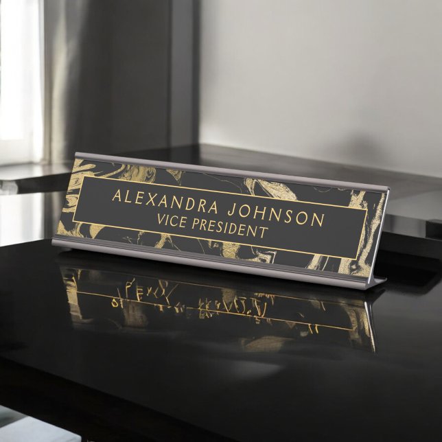 Modern Black Gold Marble Stone Custom Minimalist Desk Name Plate (Creator Uploaded)