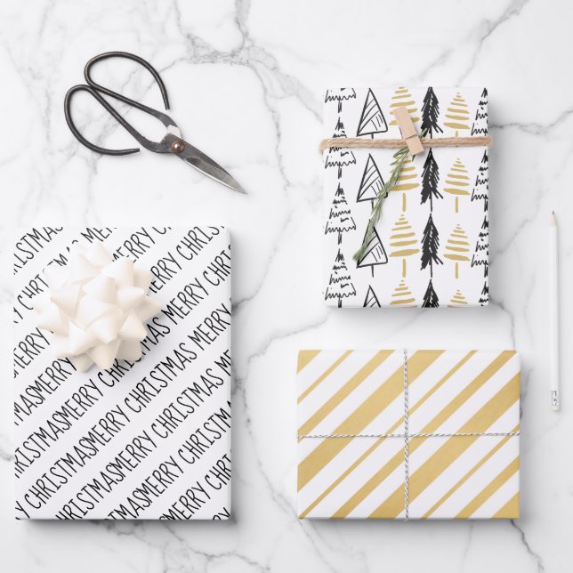 Modern Black & Gold Merry Christmas Trees Wrapping Paper Sheet (Front)
