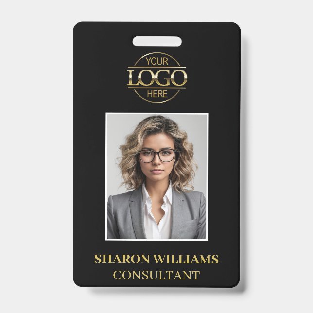 Modern Black Gold Minimalist Employee Photo ID Badge (Front)
