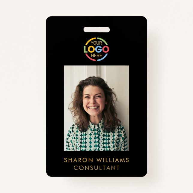 Modern Black Gold Minimalist Employee Photo ID ID Badge (Front)