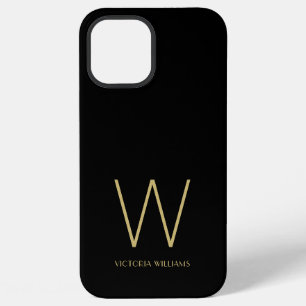 Modern black gold minimalist monogram name iPhone 12 pro max case