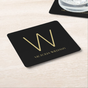 Modern black gold minimalist monogram name square paper coaster
