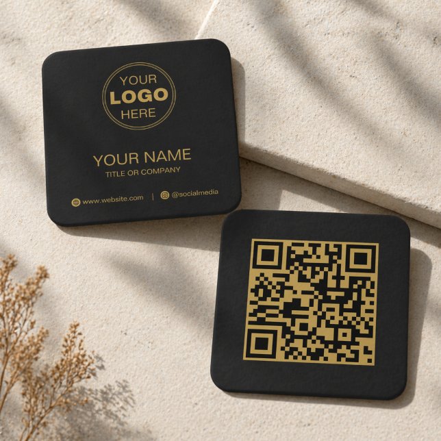 Modern Black Gold Minimalist QR Code Square Business Card (Luxury Black & Gold Square QR Code Business Card Design)