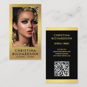 Modern Black Gold Model Actress QR Code Photo Business Card