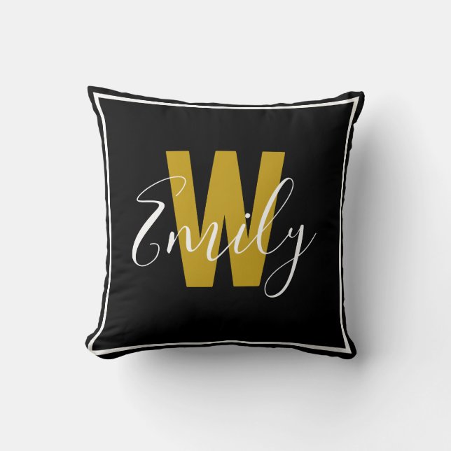 Modern Black Gold Monogram Border Cushion (Front)