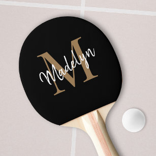 Modern Black Gold Monogram Elegant Script Name Ping Pong Paddle