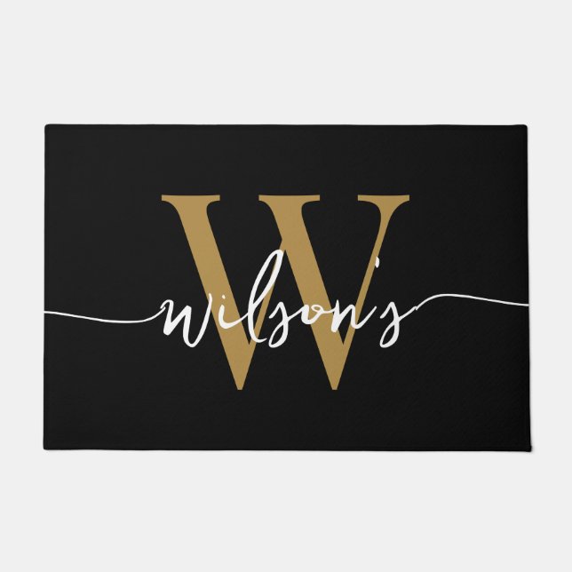 Modern Black Gold Monogram Family Name Script Doormat (Front)