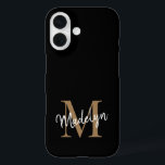 Modern Black Gold Monogram Feminine Script Name iPhone 16 Case<br><div class="desc">Modern Black Gold Monogram Feminine Script Name iPhone Case. Easily personalise this modern elegant iphone case with your custom monogram and name.</div>