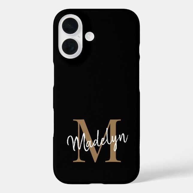 Modern Black Gold Monogram Feminine Script Name Case-Mate iPhone Case (Back)