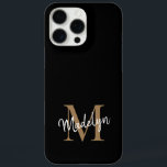 Modern Black Gold Monogram Feminine Script Name iPhone 16 Pro Max Case<br><div class="desc">Modern Black Gold Monogram Feminine Script Name iPhone Case. Easily personalise this modern elegant iPhone case with your custom monogram and name.</div>