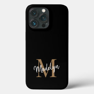 Modern Black Gold Monogram Feminine Script Name iPhone 13 Pro Case