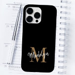 Modern Black Gold Monogram Feminine Script Name Case-Mate iPhone 14 Pro Max Case<br><div class="desc">Modern Black Gold Monogram Feminine Script Name iPhone Case. Easily personalise this modern elegant iphone case with your custom monogram and name.</div>