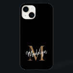 Modern Black Gold Monogram Feminine Script Name Case-Mate iPhone 14 Case<br><div class="desc">Modern Black Gold Monogram Feminine Script Name iPhone Case. Easily personalise this modern elegant iphone case with your custom monogram and name.</div>