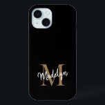 Modern Black Gold Monogram Feminine Script Name iPhone 15 Case<br><div class="desc">Modern Black Gold Monogram Feminine Script Name iPhone Case. Easily personalise this modern elegant iPhone case with your custom monogram and name.</div>