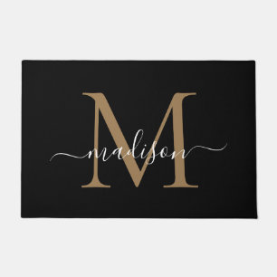 Modern Black Gold Monogram Feminine Script Name Doormat