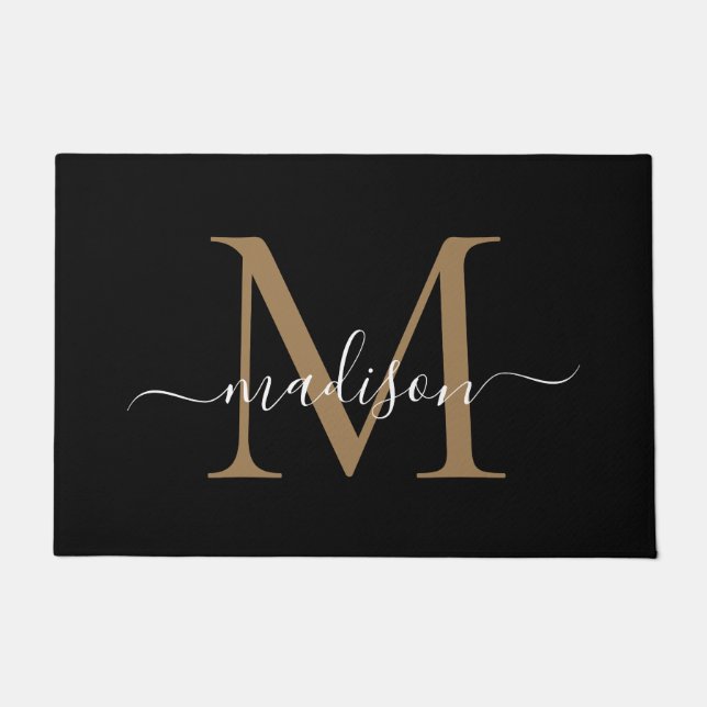 Modern Black Gold Monogram Feminine Script Name Doormat (Front)