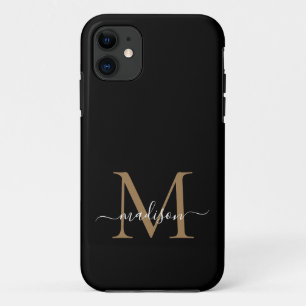 Modern Black Gold Monogram Feminine Script Name iP Case-Mate iPhone Case