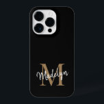 Modern Black Gold Monogram Feminine Script Name iPhone 14 Pro Case<br><div class="desc">Modern Black Gold Monogram Feminine Script Name iPhone Case. Easily personalise this modern elegant iphone case with your custom monogram and name.</div>